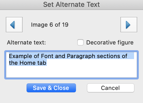 Acrobat "Set Alternate Text" dialogue with a field containing sample text in a field. The dialogue includes buttons for next figure, marking "Decorative," and saving changes.