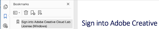 Acrobat navigation pane with "Bookmarks" button selected. The bookmark displayed matches the heading shown in the PDF content.