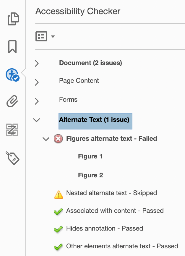 Acrobat Accessibility Checker results in the Navigation pane. "Figure alternate text" is expanded to show two figures missing alt text.