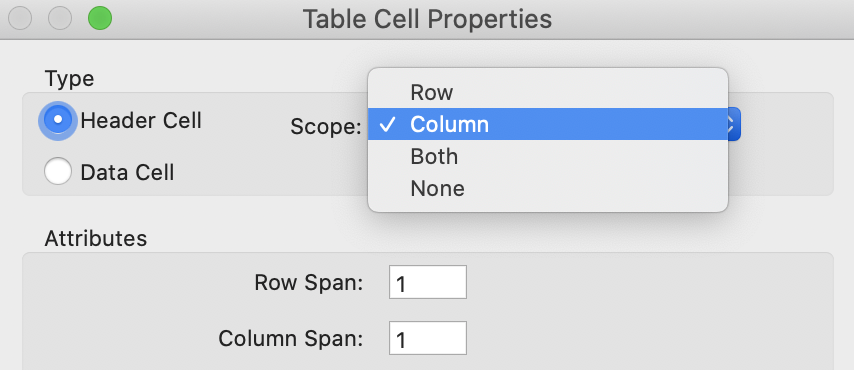 Acrobat Table Cell Properties dialogue with radio buttons for "Header Cell" and "Data Cell." There is also a combo box to select the scope of header cells.