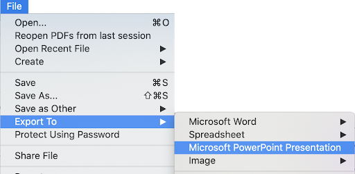 Acrobat File menu expanded to show "Export To" option selected and sub-menu that includes Microsoft Word, Spreadsheet, and PowerPoint options.