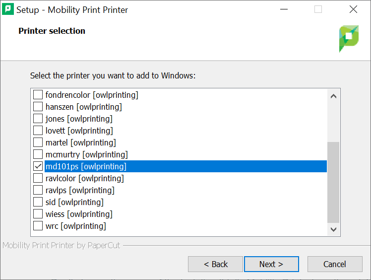 Screen displaying list of printers with checkboxes 