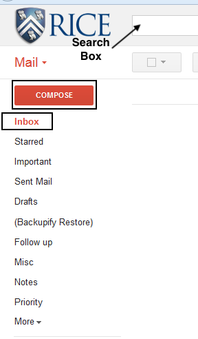Gmail Inbox with Inbox, Compose, and Search Box options highlighted