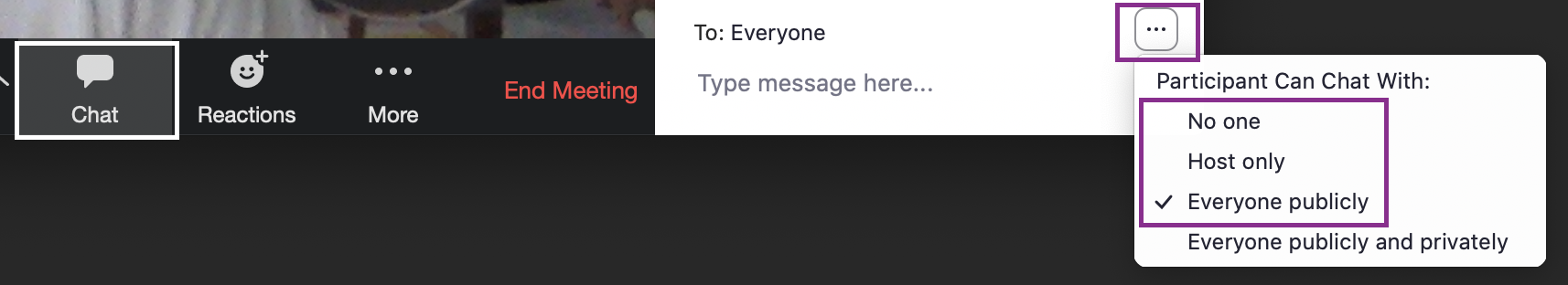 Zoom 'Manage Participants' settings with private chat not selected.
