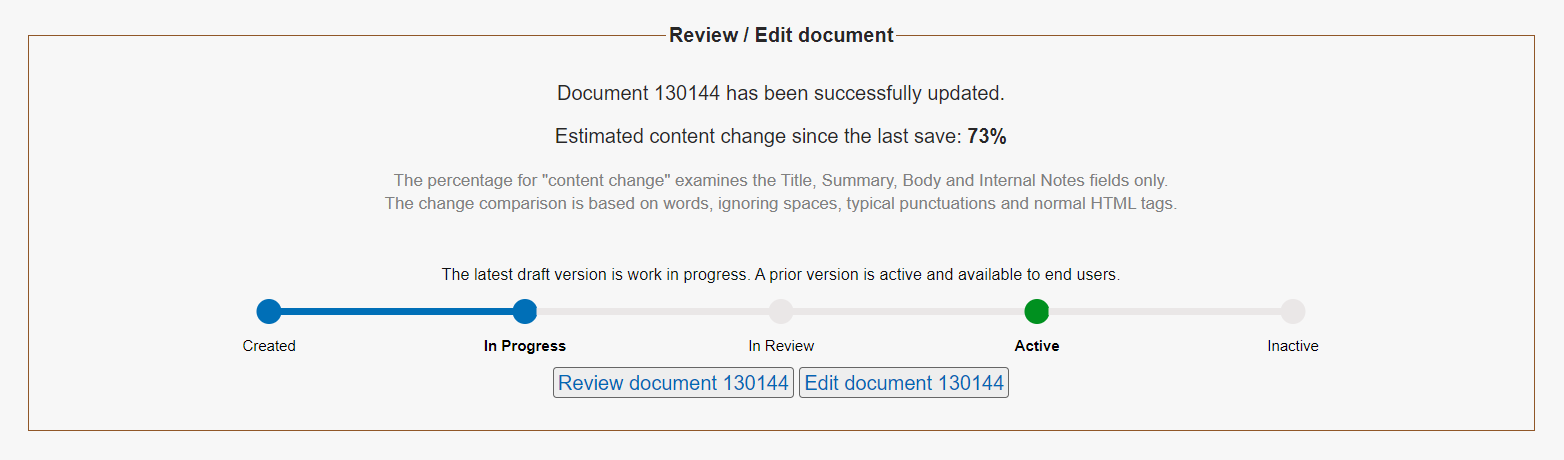 The confirmation page that the document has successfully been updated showing that the Estimated content change since the last save is 73%.