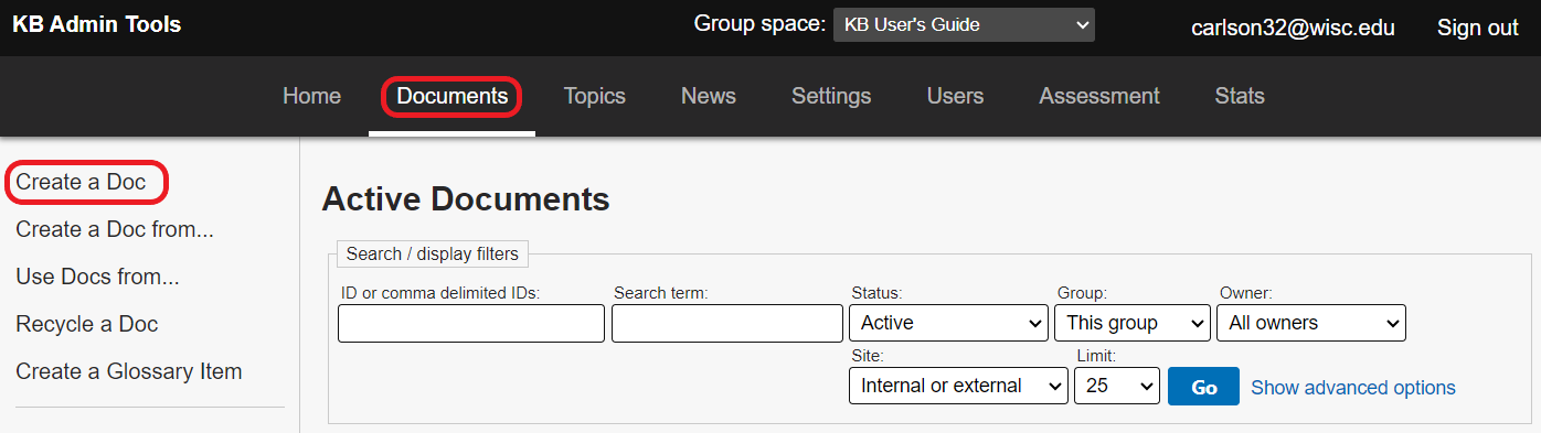 KB admin tools area is visible with Documents at the top circled in red and New Doc on the left circled in red.