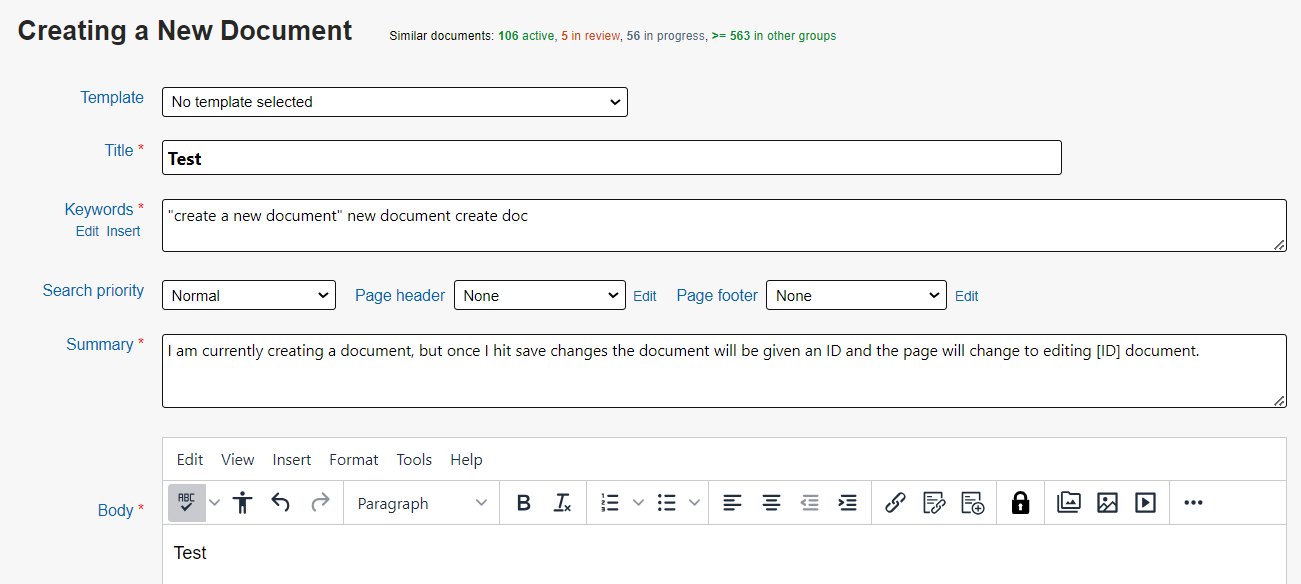 Content added to required fields in a KB document.