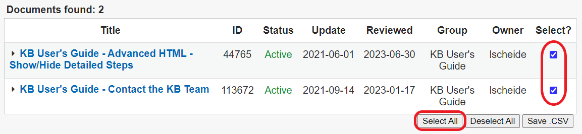 The search result table displays two documents. The Select? checkboxes on the right are checked and circled in red. The Select All button at the bottom is circled in red.