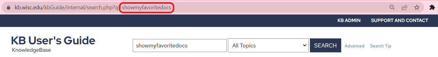 showmyfavoritedocs is in the search bar and circled in red in the site URL for the KB User's Guide.