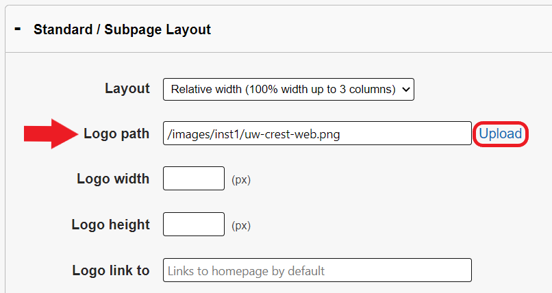 A red arrow points at the Logo path field in the Standard / Subpage panel and the Upload link to the left of it is circled in red.