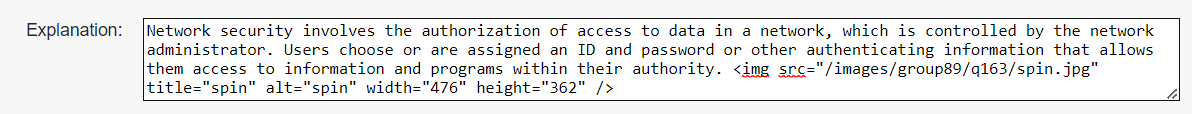Example of using HTML to embed an image in the Explanation portion of the Question.