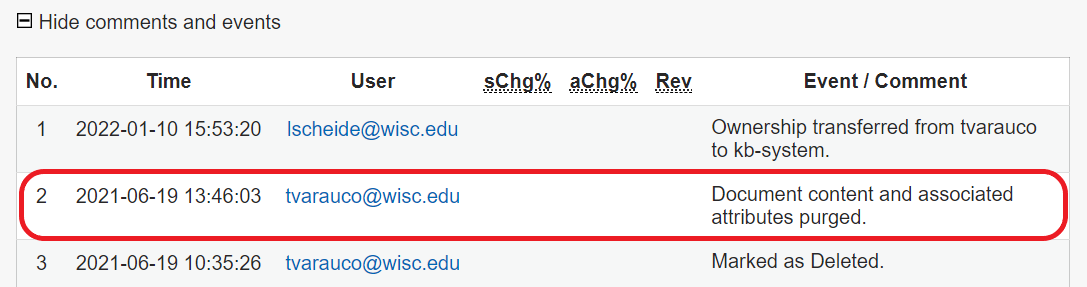 The comments and events section of the document page. The " Document content and associated attributes purged." event is circled in red. 