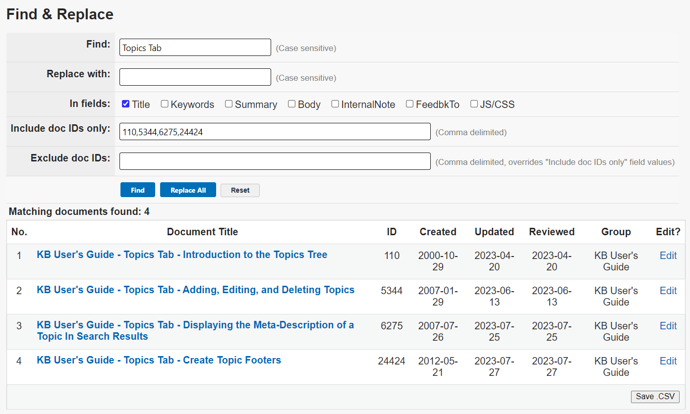 "Topics Tab" is in the Find field. The title checkbox is enabled. Four document IDs are listed in the Include doc IDs only field. Four documents appear in the results table.