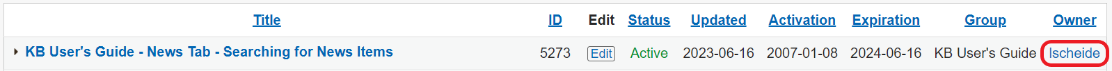 The "Owner" field is typically in the last column of the KB Admin Tools documents table.