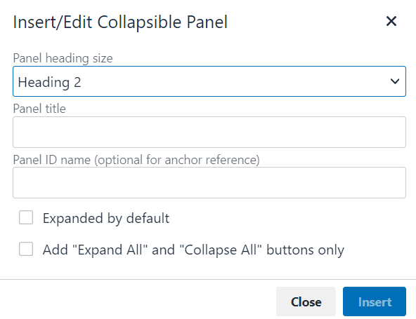 The Insert/Edit Collapsible Panel pop-up window.